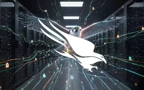Ein stilisiertes, leuchtendes digitales Falken- oder Habicht-Symbol fliegt über komplexe Datenströme und Server in einem Rechenzentrum. - Foto: über boerse-global.de