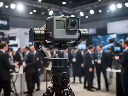 Eine professionelle GoPro-Kamera auf einem Gimbal-Stabilisator bei einer Filmmesse, mit unscharfem Hintergrund von Messeständen. - Foto: über boerse-global.de