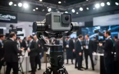 Eine professionelle GoPro-Kamera auf einem Gimbal-Stabilisator bei einer Filmmesse, mit unscharfem Hintergrund von Messeständen. - Foto: über boerse-global.de