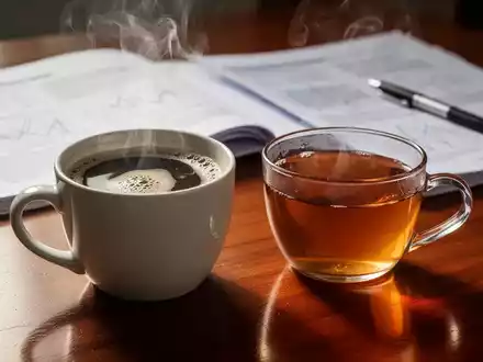 Eine dampfende Tasse Kaffee und eine Tasse Tee stehen auf einem Holztisch, im Hintergrund unscharf wissenschaftliche Papiere. - Foto: über boerse-global.de