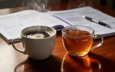 Eine dampfende Tasse Kaffee und eine Tasse Tee stehen auf einem Holztisch, im Hintergrund unscharf wissenschaftliche Papiere. - Foto: über boerse-global.de