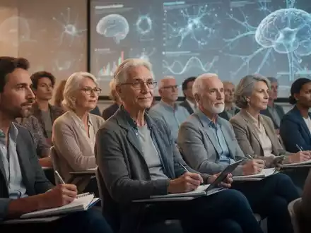 Eine vielfältige Gruppe von Menschen, die einem Vortrag oder Seminar zum Thema Gehirngesundheit oder medizinische Forschung aufmerksam zuhören. - Foto: über boerse-global.de