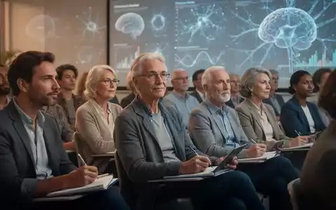 Eine vielfältige Gruppe von Menschen, die einem Vortrag oder Seminar zum Thema Gehirngesundheit oder medizinische Forschung aufmerksam zuhören. - Foto: über boerse-global.de