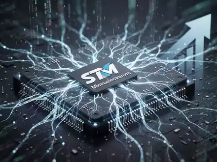 Nahaufnahme eines STMicroelectronics-Mikrochips mit leuchtenden KI-Mustern, der Innovation und schnelles Wachstum symbolisiert. - Foto: über boerse-global.de