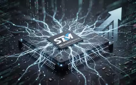 Nahaufnahme eines STMicroelectronics-Mikrochips mit leuchtenden KI-Mustern, der Innovation und schnelles Wachstum symbolisiert. - Foto: über boerse-global.de