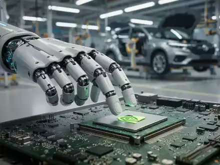 Humanoid robot hand touching a circuit board with an Nvidia GPU, symbolizing AI and mobility collaboration. - Foto: über boerse-global.de