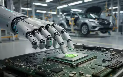 Humanoid robot hand touching a circuit board with an Nvidia GPU, symbolizing AI and mobility collaboration. - Foto: über boerse-global.de