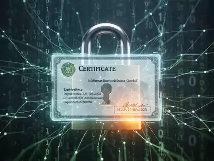 A stylized padlock icon with a digital certificate and an approaching expiration date, against a backdrop of binary code, symbolizing digital security. - Foto: über boerse-global.de