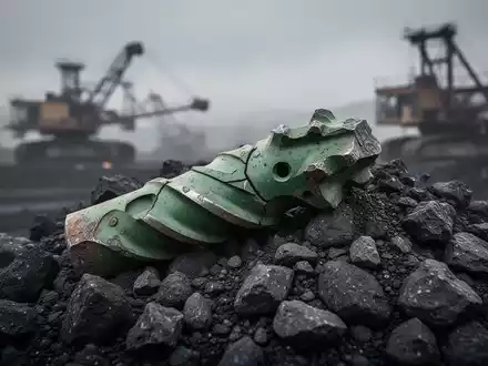 Ein einzelner, verwitterter, gebrochener grüner Bohrer liegt auf einem Haufen dunklen Erzes, im Hintergrund verschwommene Bergbauausrüstung. - Foto: über boerse-global.de