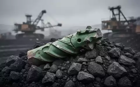 Ein einzelner, verwitterter, gebrochener grüner Bohrer liegt auf einem Haufen dunklen Erzes, im Hintergrund verschwommene Bergbauausrüstung. - Foto: über boerse-global.de