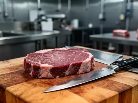 Ein rohes Rindersteak auf einem Holzblock mit einem Metzgermesser, im Hintergrund eine Fleischverarbeitungsanlage. - Foto: über boerse-global.de