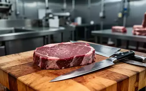 Ein rohes Rindersteak auf einem Holzblock mit einem Metzgermesser, im Hintergrund eine Fleischverarbeitungsanlage. - Foto: über boerse-global.de