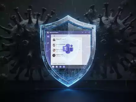 Microsoft Teams-Oberfläche auf einem digitalen Schild, umgeben von Schatten und abstrakten Cyber-Bedrohungen. - Foto: über boerse-global.de