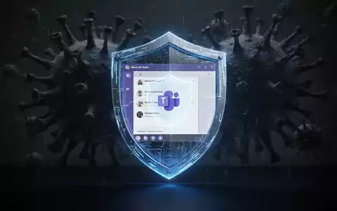 Microsoft Teams-Oberfläche auf einem digitalen Schild, umgeben von Schatten und abstrakten Cyber-Bedrohungen. - Foto: über boerse-global.de
