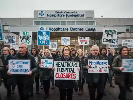 Menschen demonstrieren vor einem Krankenhaus mit Plakaten gegen Kürzungen im Gesundheitswesen und Klinikschließungen. - Foto: über boerse-global.de