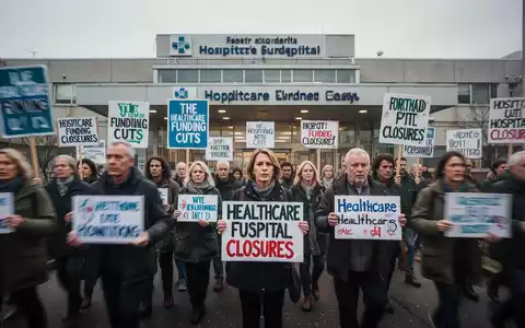 Menschen demonstrieren vor einem Krankenhaus mit Plakaten gegen Kürzungen im Gesundheitswesen und Klinikschließungen. - Foto: über boerse-global.de