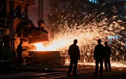Industrielle Szene mit Stahlproduktion, Funkenflug und Arbeitern in Silhouette. - Foto: über boerse-global.de