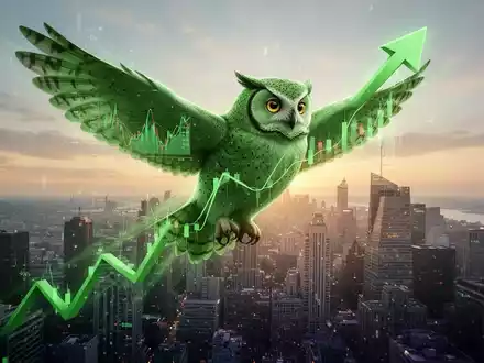 Ein stilisierter grüner Duolingo-Uhu als aufwärts gerichteter Finanzpfeil fliegt über eine digitale Stadtlandschaft bei Sonnenaufgang. - Foto: über boerse-global.de