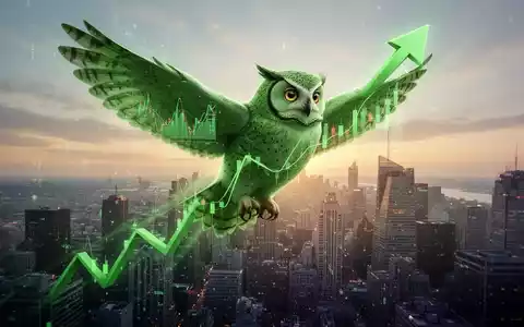 Ein stilisierter grüner Duolingo-Uhu als aufwärts gerichteter Finanzpfeil fliegt über eine digitale Stadtlandschaft bei Sonnenaufgang. - Foto: über boerse-global.de
