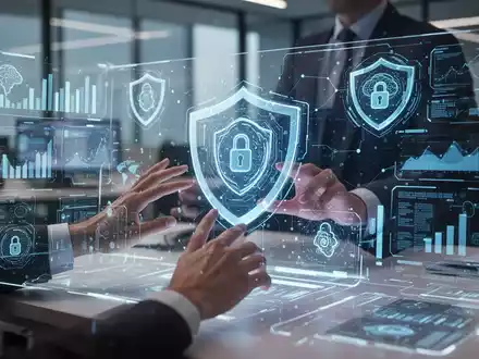 Digital workspace with holographic interfaces showing data, cybersecurity shields, and AI symbols, representing secure SMB technology solutions. - Foto: über boerse-global.de