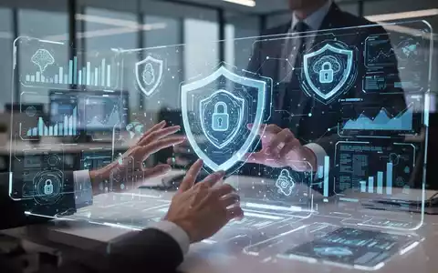 Digital workspace with holographic interfaces showing data, cybersecurity shields, and AI symbols, representing secure SMB technology solutions. - Foto: über boerse-global.de