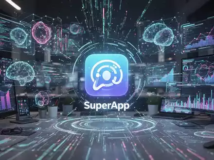 A futuristic digital workspace with glowing abstract UI elements, data streams, and holographic projections converging on a central 'superapp' icon. - Foto: über boerse-global.de