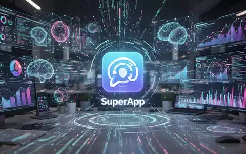 A futuristic digital workspace with glowing abstract UI elements, data streams, and holographic projections converging on a central 'superapp' icon. - Foto: über boerse-global.de