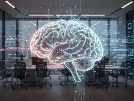 Abstrakte Darstellung eines KI-Gehirns und Datenströmen, die technologische Fortschritte und Finanzverträge symbolisieren. - Foto: über boerse-global.de