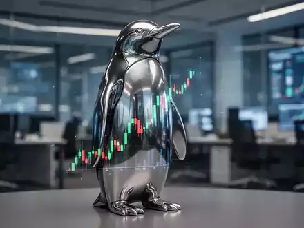 Eine glänzende Pinguin-Statue spiegelt einen aufwärts gerichteten Börsenkurs wider, im Hintergrund ein modernes Büro. - Foto: über boerse-global.de