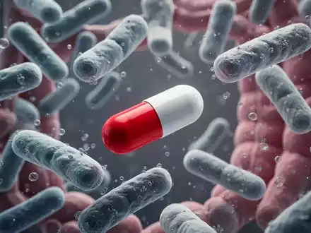 Mikroskopische Darstellung von Darmbakterien und einer Antibiotikakapsel, die das Gleichgewicht des Mikrobioms symbolisieren. - Foto: über boerse-global.de