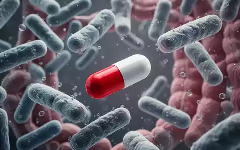 Mikroskopische Darstellung von Darmbakterien und einer Antibiotikakapsel, die das Gleichgewicht des Mikrobioms symbolisieren. - Foto: über boerse-global.de