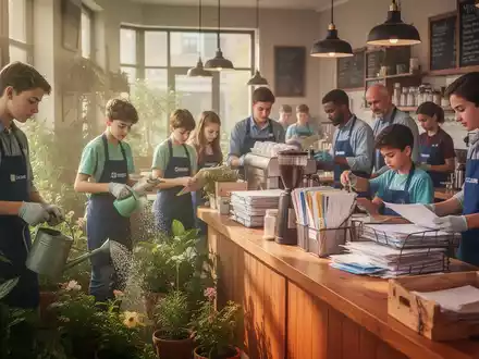 Jugendliche bei verschiedenen Ferienjobs, wie Gartenarbeit oder Bürohilfe, unter Aufsicht von Erwachsenen in einem sicheren Arbeitsumfeld. - Foto: über boerse-global.de