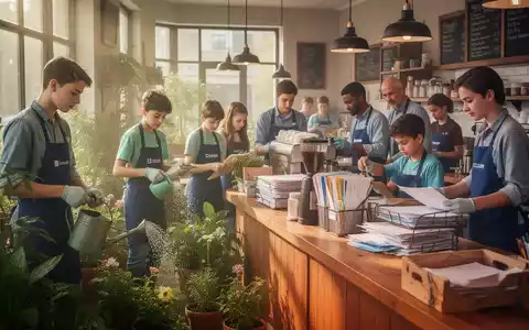 Jugendliche bei verschiedenen Ferienjobs, wie Gartenarbeit oder Bürohilfe, unter Aufsicht von Erwachsenen in einem sicheren Arbeitsumfeld. - Foto: über boerse-global.de