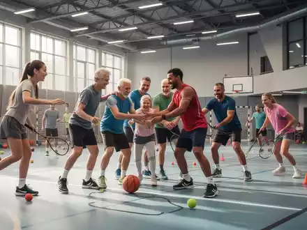 Eine vielfältige Gruppe von Menschen jeden Alters nimmt an verschiedenen Sportaktivitäten in einer modernen Sporthalle teil. - Foto: über boerse-global.de