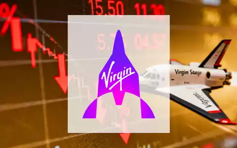 Ein Börsenticker zeigt einen starken prozentualen Rückgang, mit einem unscharfen Virgin Galactic Raumschiff im Hintergrund. - Foto: über boerse-global.de