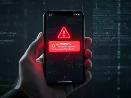 Eine Hand hält ein Smartphone, das eine Warnung vor einem Deepfake-Anruf anzeigt, mit verschwommenen digitalen Mustern im Hintergrund. - Foto: über boerse-global.de