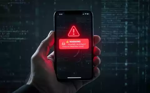 Eine Hand hält ein Smartphone, das eine Warnung vor einem Deepfake-Anruf anzeigt, mit verschwommenen digitalen Mustern im Hintergrund. - Foto: über boerse-global.de