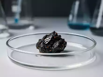 Nahaufnahme von Shilajit, einer dunklen Harzsubstanz, auf einer Petrischale mit verschwommener Laborausrüstung im Hintergrund. - Foto: über boerse-global.de