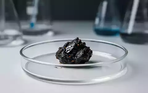 Nahaufnahme von Shilajit, einer dunklen Harzsubstanz, auf einer Petrischale mit verschwommener Laborausrüstung im Hintergrund. - Foto: über boerse-global.de