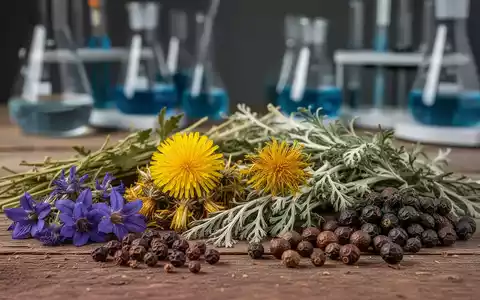 Nahaufnahme von verschiedenen getrockneten Bitterkräutern wie Enzian, Löwenzahn und Wacholderbeeren auf einer Holzoberfläche. - Foto: über boerse-global.de