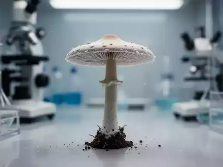 Ein einzelner Psilocybin-Pilz wächst in einer sterilen Laborumgebung, mit unscharfen wissenschaftlichen Geräten im Hintergrund. - Foto: über boerse-global.de