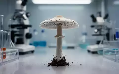 Ein einzelner Psilocybin-Pilz wächst in einer sterilen Laborumgebung, mit unscharfen wissenschaftlichen Geräten im Hintergrund. - Foto: über boerse-global.de