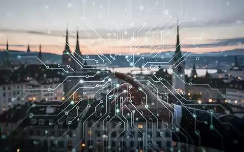 Eine stilisierte Darstellung eines neuronalen Netzwerks über der Skyline von Zürich bei Dämmerung, symbolisiert KI-Haftung. - Foto: über boerse-global.de