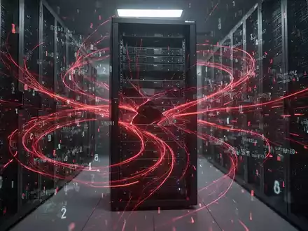 Glowing red lines and digital code swirling around a dark server rack, symbolizing a cybersecurity threat and data disruption. - Foto: über boerse-global.de