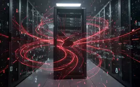 Glowing red lines and digital code swirling around a dark server rack, symbolizing a cybersecurity threat and data disruption. - Foto: über boerse-global.de
