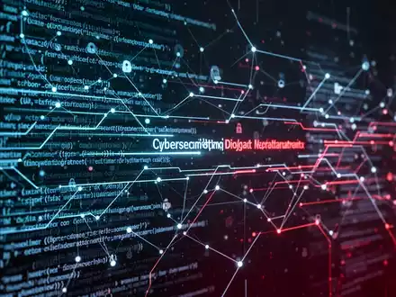 An abstract, dark image depicting digital threats with glowing lines of code and network vulnerabilities in blue and red. - Foto: über boerse-global.de