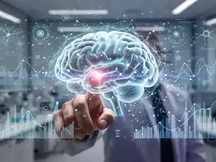 Eine Hand interagiert mit einem holografischen Gehirnmodell, umgeben von Datenvisualisierungen, die geistige Fitness symbolisieren. - Foto: über boerse-global.de
