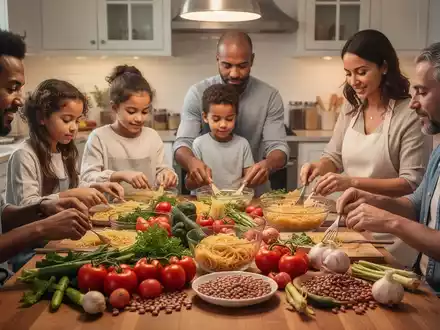 Eine Familie bereitet gemeinsam in einer Küche eine kostengünstige und gesunde Mahlzeit mit frischen Zutaten zu. - Foto: über boerse-global.de