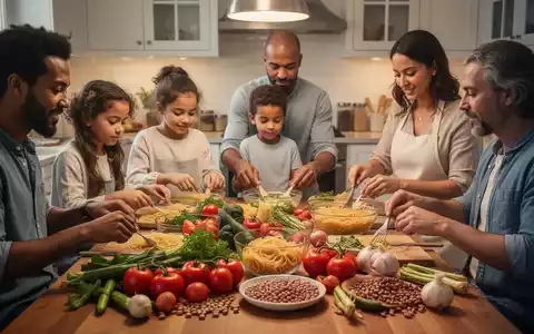 Eine Familie bereitet gemeinsam in einer Küche eine kostengünstige und gesunde Mahlzeit mit frischen Zutaten zu. - Foto: über boerse-global.de