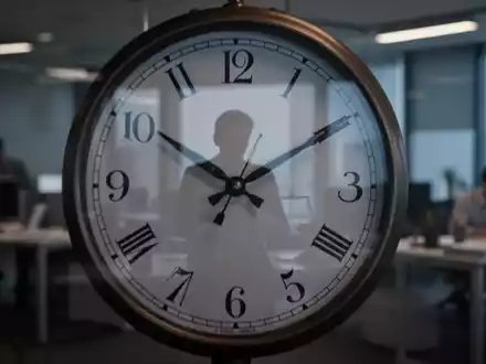 Nahaufnahme einer Uhr mit verschwommenen Zeigern, die späte Stunden anzeigen, und einer Silhouette einer arbeitenden Person im Hintergrund. - Foto: über boerse-global.de